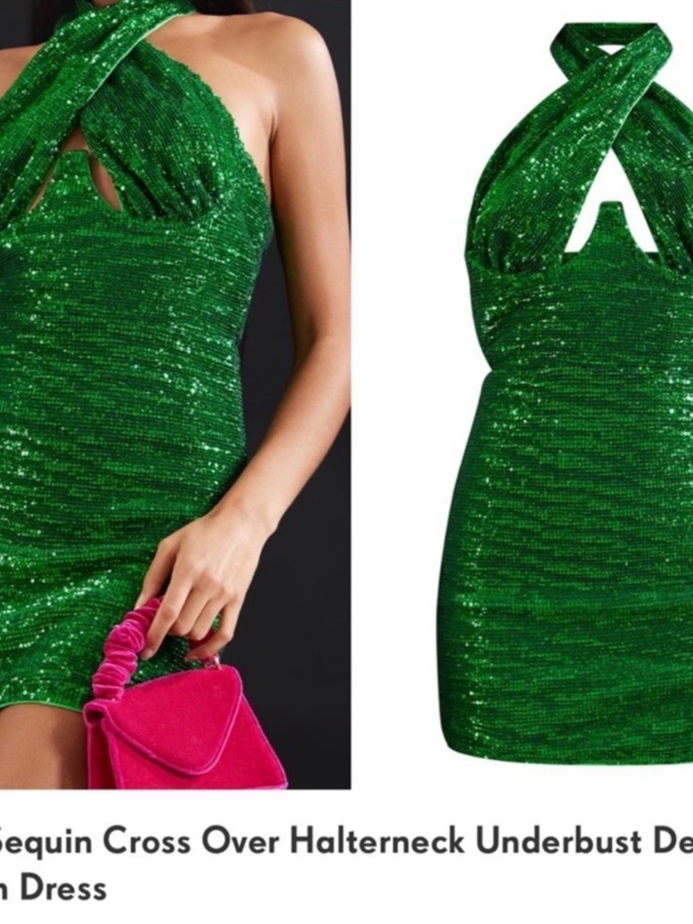 PrettyLittleThing Green Sequin Cross-Over Halterneck Mini Dress